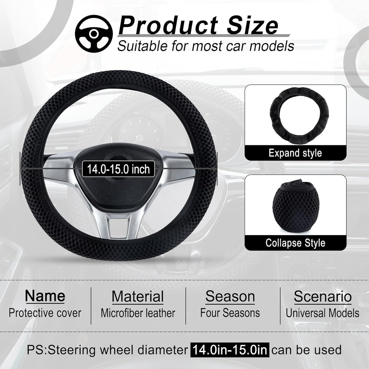 alpmosn Elastic Stretch Steering Wheel Cover, Universal Interior Accessories Steering Wheel Cover for Women & Men, Breathable Microfiber Ice Silk, Anti-Slip, Odorless, Easy Carry(Black)