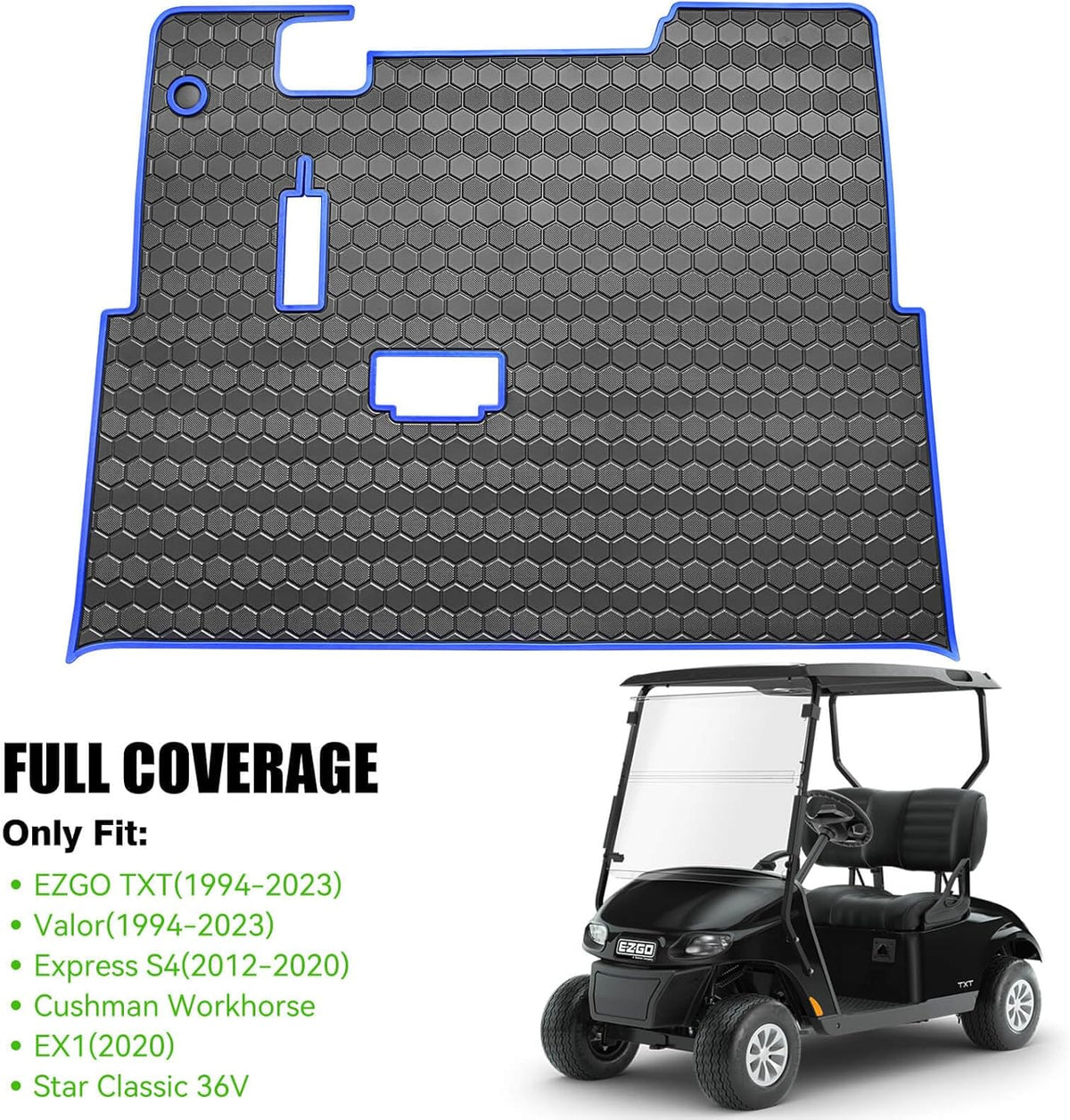 EZGO TXT Golf Cart Full Coverage Floor Liner Mat, fits EZGO TXT (1994+), Valor(1994+), Express S4(2012-2020), Cushman Workhorse, EX1(2020), Thick Anti-Slip Rubber, Blue Trim