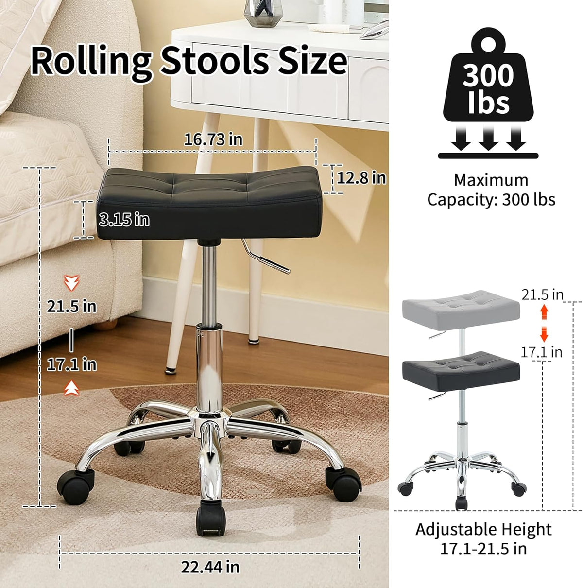 Ergonomic Rolling Shop Stool (Adjustable Height 17-21 inch) Salon Stool for Hair Stylist (Black)