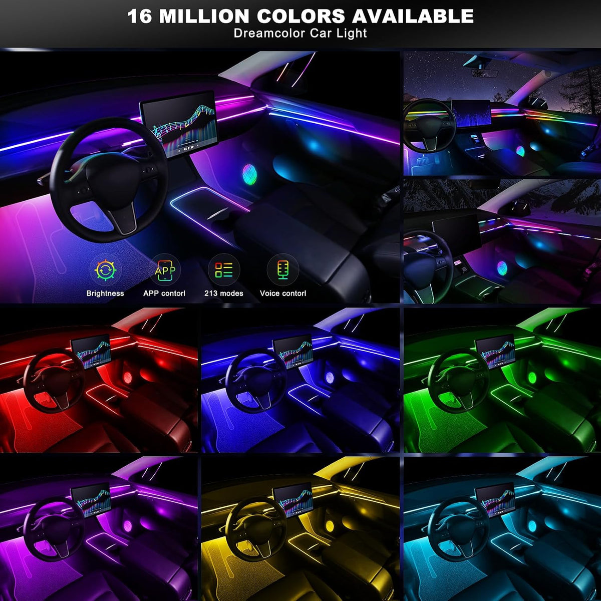 Dreamcolor Acrylic Interior Car LED Strip Light with Wireless APP, RGB 22 in 1 with 175 inches 612 LEDs Fiber Optic Strip Lights for Car, Dual Zone Music Sync Neon Car Ambient Lighting Kits