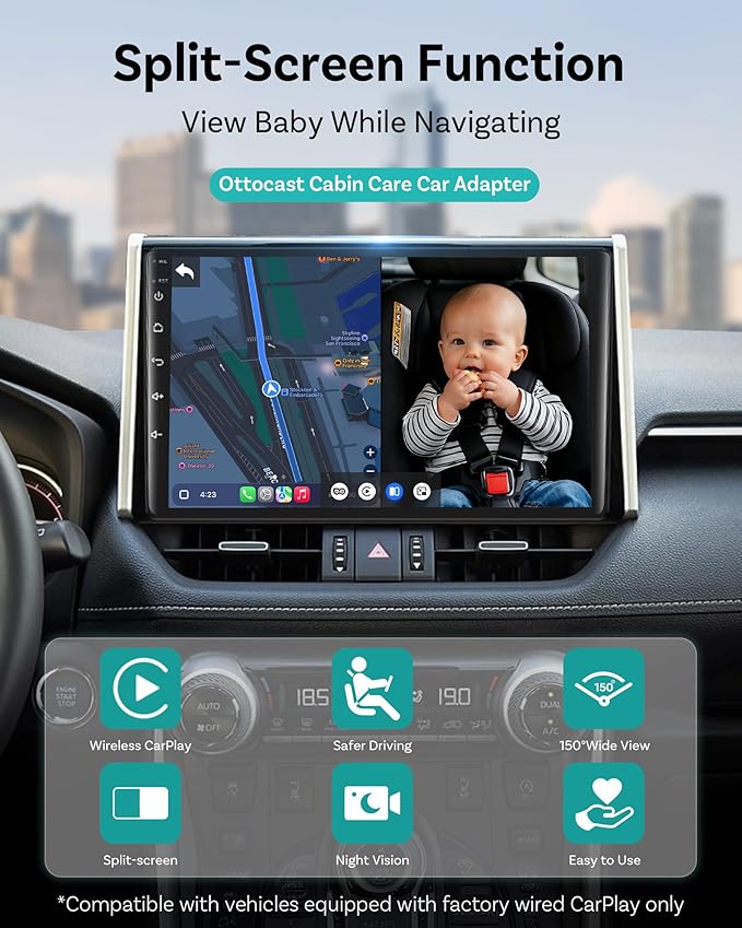 OTTOCAST Cabin Care Car Camera for Baby, Wireless CarPlay Adapter with 1080P Baby Car Camera, HD Night Vision, 150° Wide Angle, Real-Time Rear Seat Monitor, Easy Installation
