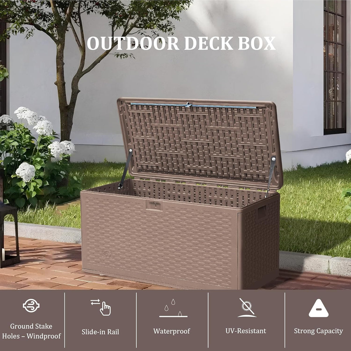 Premium Pro Edition 73 Gallon Lockable Resin Deck Box, Waterproof & UV-Resistant Outdoor Storage Box for Outdoor Cushion Storage, Garden Tools & Pool Accessories Storage, Brown