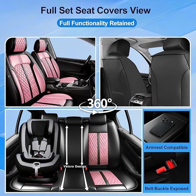 Fit Prologue Car Seat Covers for Select Honda Prologue 2024-2026 - Premium Full Coverage Leather, Airbag Compatible, Waterproof & All Weather Seat Cushion Protector, Front Pair Black+Pink