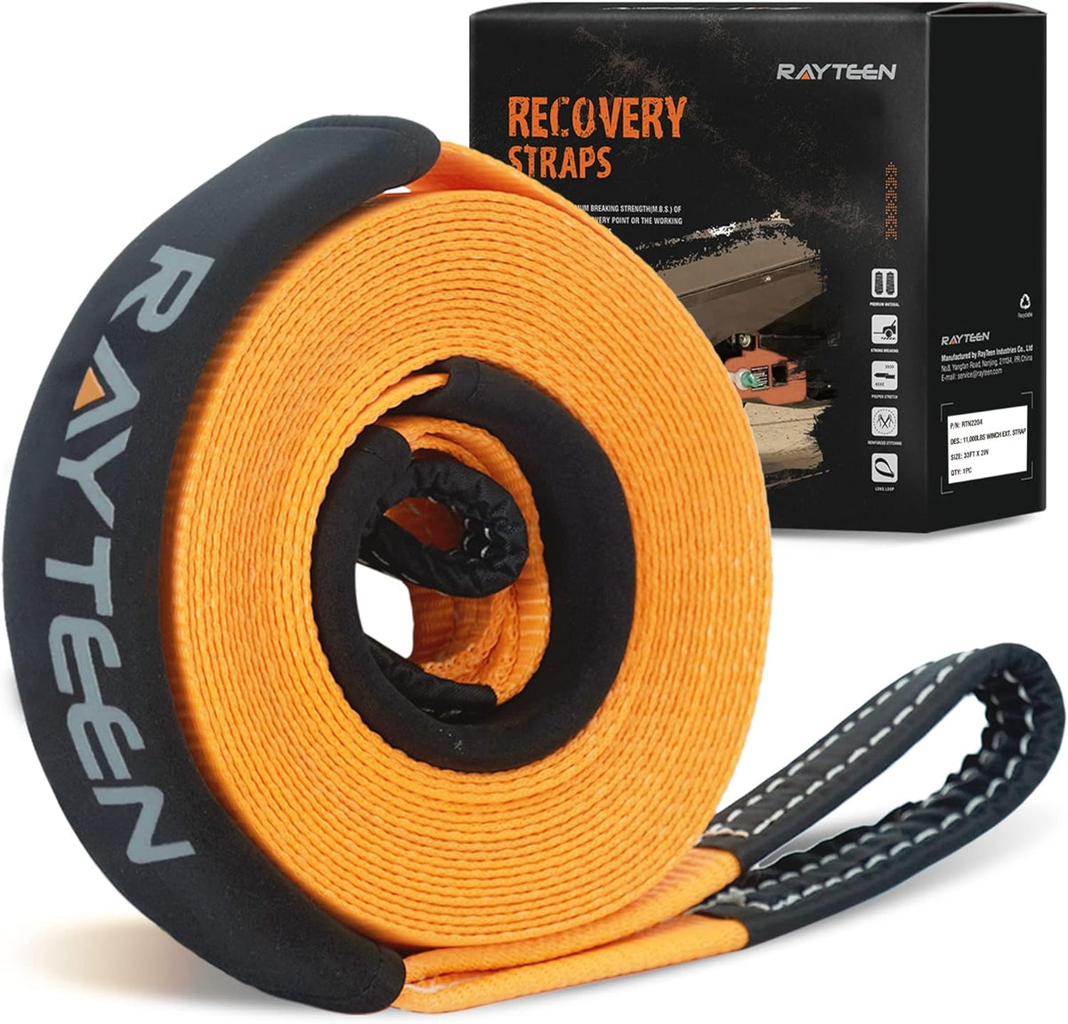 Genuine 11,000lb Xtreme Heavy Duty Winch Extension Strap | 33ft x 2in Vehicle Tow Strap with Reflective Sleeve & Reinforced Loops | Suits for 4x4 Offroad UTV ATV Trucks Boats