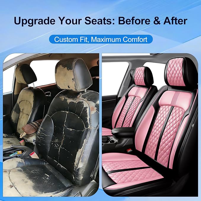 Fit Malibu Car Seat Covers for Chevrolet/Chevy Malibu 2009-2025, Full Coverage Leather, Airbag Compatible, Waterproof All Weather Breathable Seat Cushion Protector, Full Set, Black+Pink