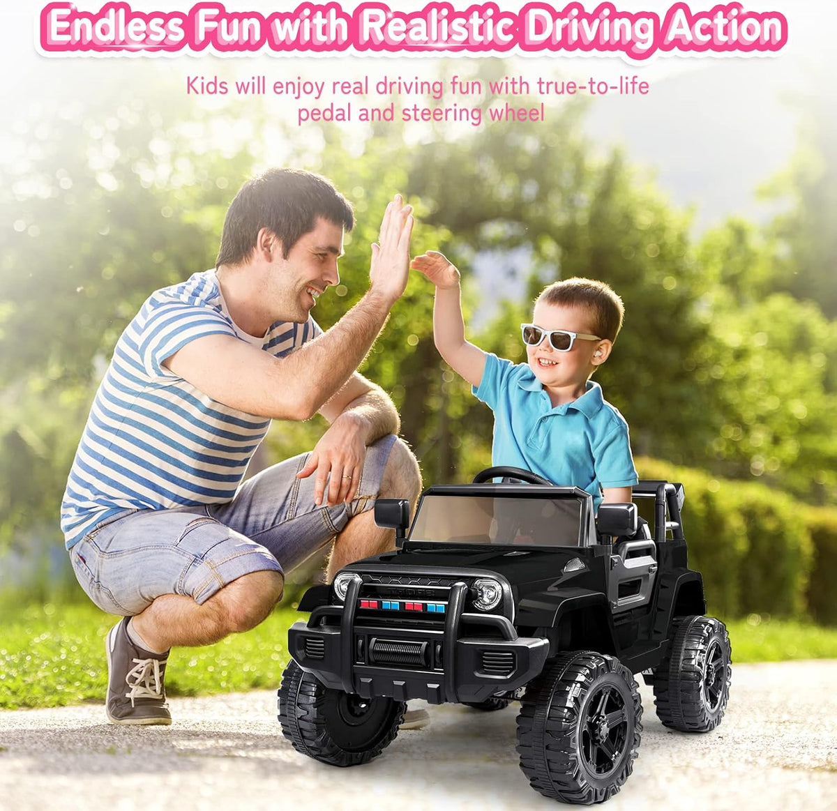 JOYMOR Ride on Truck with Remote Control, 4 Wheels 12V Battery Powered Kids Car, with LED Headlight/Horn Button/ MP3 Player/USB Port/Forward Backward/Kids Girl Boy (Black)