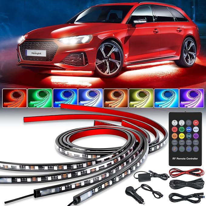 Nilight 4Pcs Car Underglow Neon Accent Strip Lights 252 LEDs RGB 8 Color Sound Active Function Music Mode with Wireless Remote Control Underbody Light Strips for Cars Van SUV Truck