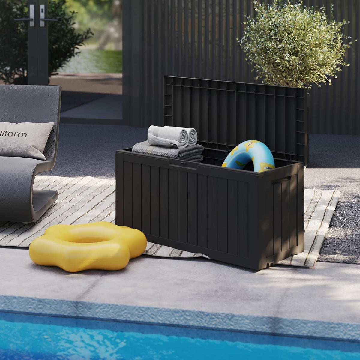 90 Gallon Lockable Resin Deck Box with Wheels, Waterproof & UV-Resistant Outdoor Storage Box for Outdoor Cushion Storage, Garden Tools & Pool Accessories Storage, Black