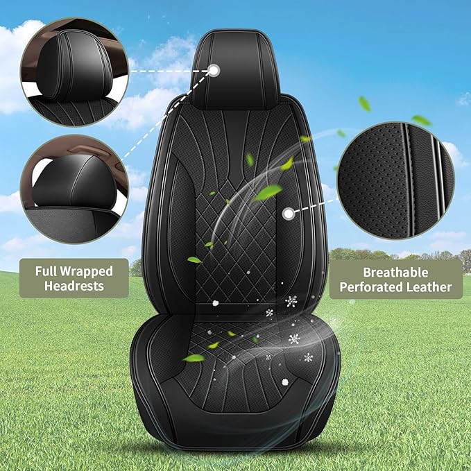 Car Seat Covers Front Pair for Hyundai Santa Fe 2007-2025 2026: Breathable Perforated Leather Seat Cover (Black)