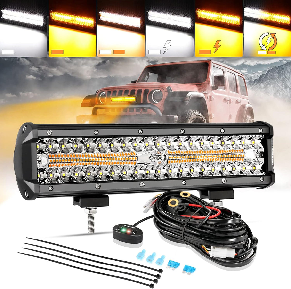 Auxbeam 12 Inch LED Light Bar, 6 Modes Strobe Amber Pod Lights Yellow Fog Light Dual Color Spot Flood Offroad Driving Lights, Memory Function LED Work Lights for Truck Car ATV