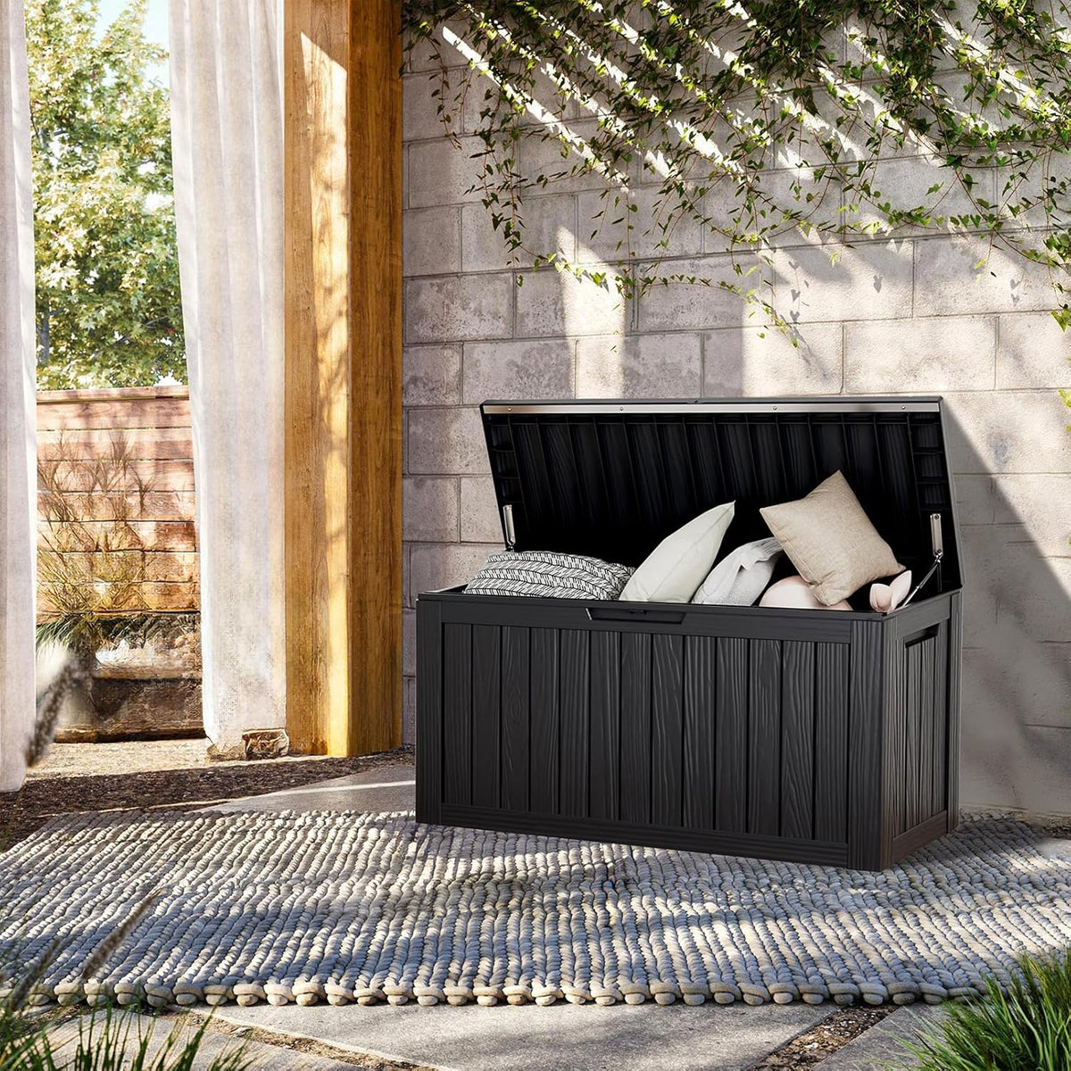80 Gallon Lockable Resin Deck Box, Waterproof & UV-Resistant Outdoor Storage Box for Outdoor Cushion Storage, Garden Tools & Pool Accessories Storage, Black