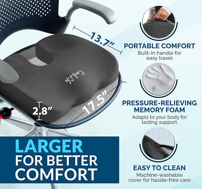 ComfiLife Premium Gel & Memory Foam Seat Cushion – Doctor Recommended Office Chair Cushion, Car Seat Cushion – Chair Cushions for Back & Sciatica Pain Relief – Seat Cushions for Office Desk (Charcoal)