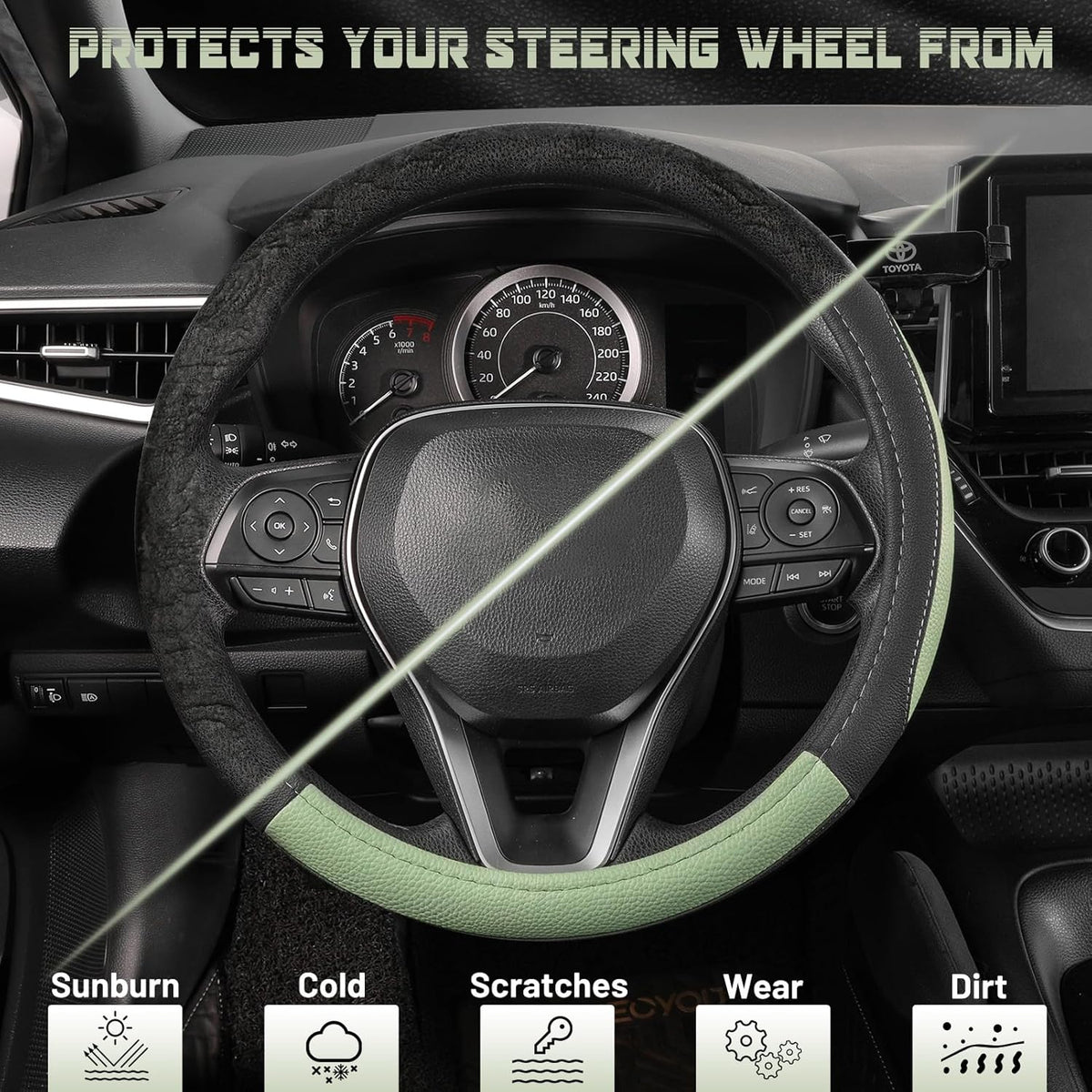 SEG Direct Steering Wheel Cover for Car, Standard Size 14.5-15 inch, Auto Interior Accessories, Black and Pastel Green