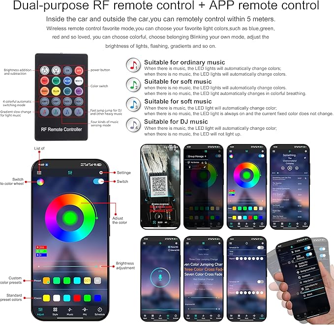 Car Atmosphere Light Kit 8m Fiber Optic RGB Multicolor Sound Active Music Sync Memory Function RF Remote Controller + Bluetooth APP Control 64 Colors USB Car Interior Ambient Lighting Kit 12V