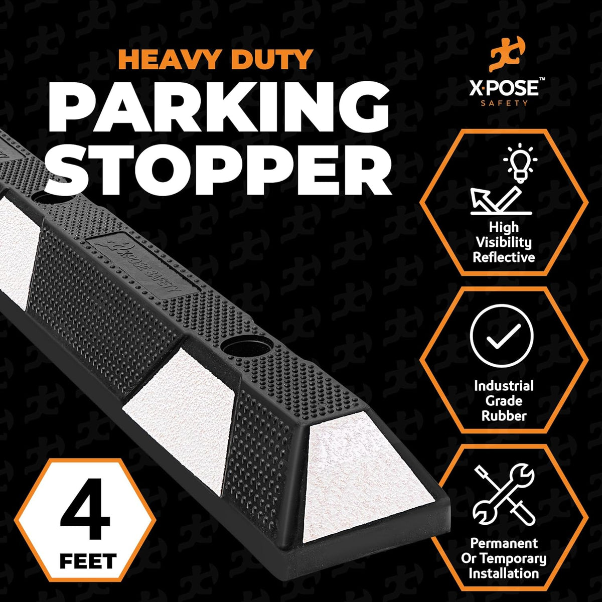 Xpose Safety 72" Heavy Duty Rubber Parking Stopper – Bulk 2 Full Pallets 100 Pack Wheel Blocks for Garage, Driveway, or Ramp – Car Bumper Stop with White Reflective Strips – Removable Floor Mount