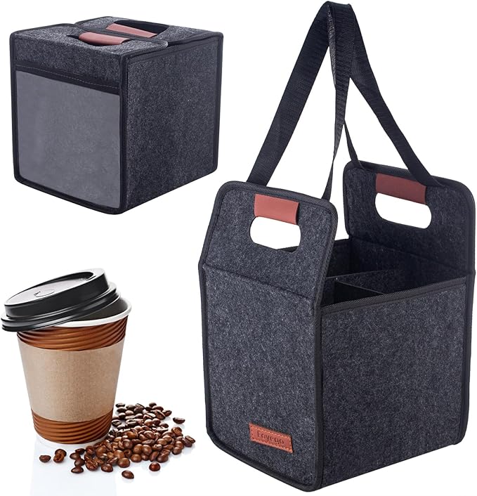 4 Cup Drink Carrier with Handle, Reusable Insulated Drink Caddy Drink Holder for Car, Folding Portable Coffee Cup Holder Bag for Travel and Delivery
