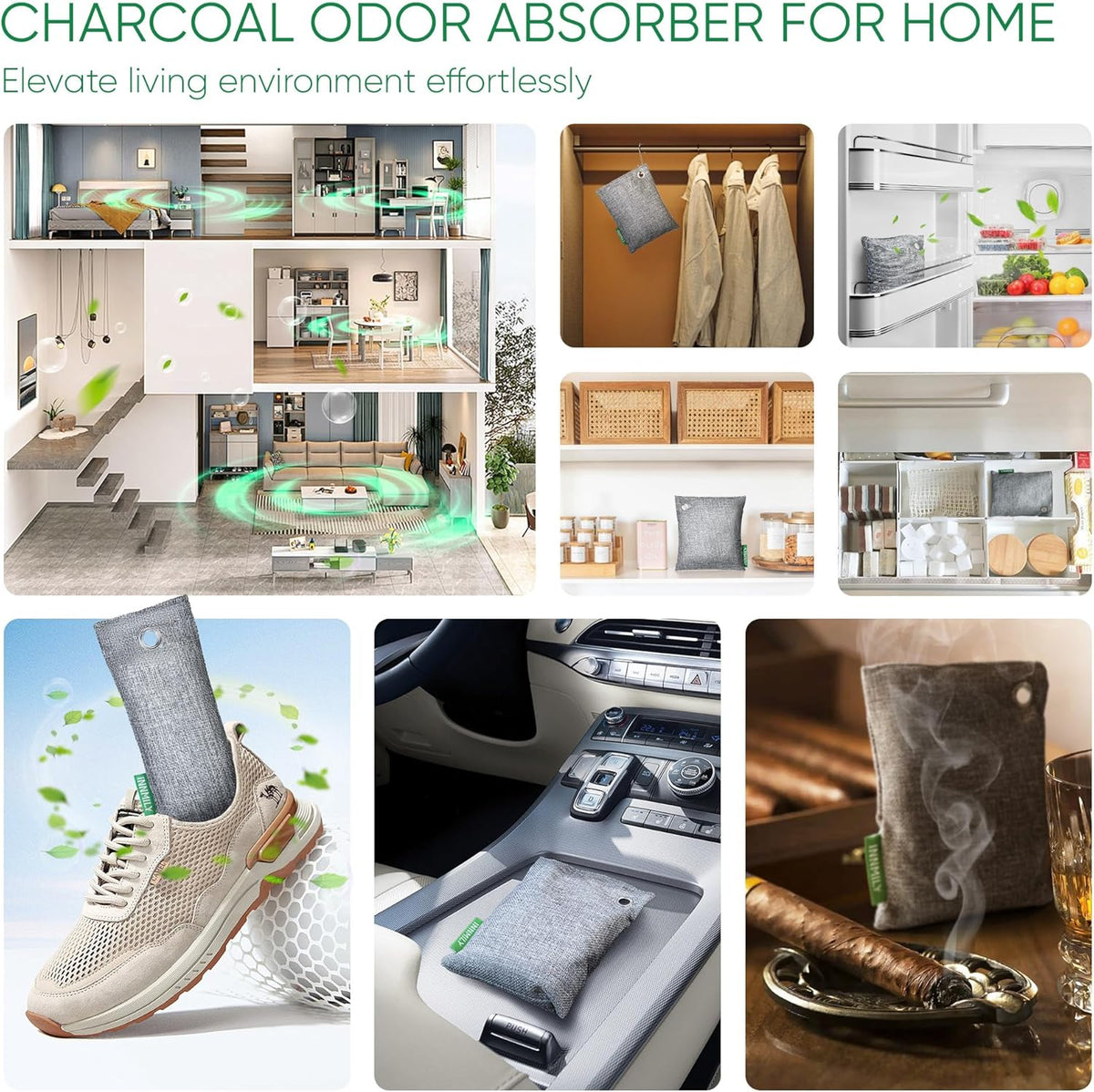 Activated Charcoal Odor Absorber, 8 Pack w Hooks Nature Odor Eliminator for Strong Odor, Bamboo Charcoal Air Purifying Bags, Moisture Absorbers for Fresh Home Car Closet Pet, Smoke Smell Deodorizer