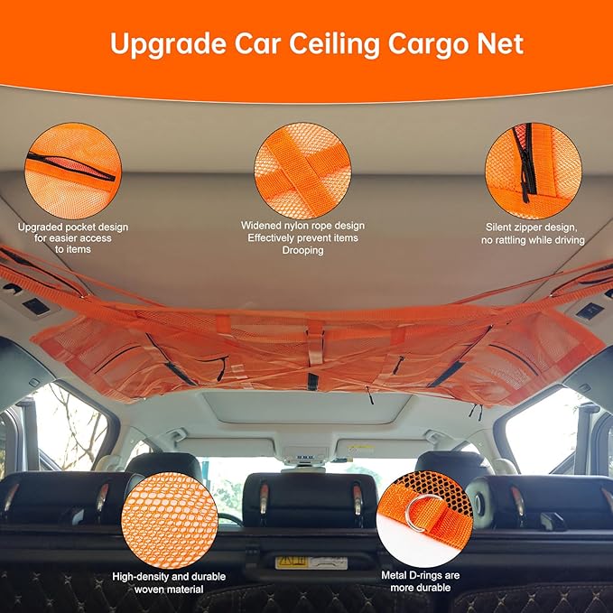 Kaskawise SUV Car Ceiling Cargo Net with Adhesive Straps,Double-Layer Mesh Car Roof Net Storage for Truck, Van,Travel Long Road Trip Camping Interior Accessories 39.3 X 23.6 Inch,Orange