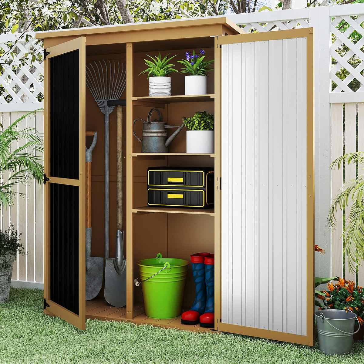 Outdoor Storage Shed with Shelf,Wood & Metal Storage Cabinet with Lockable Doors & Sloping Roof,Vertical Garden Shed for Patio Backyard,Tool Shed and Accessories, Brown