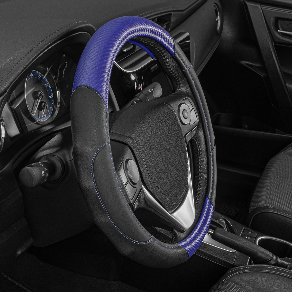 Motor Trend GripDrive Carbon Fiber Steering Wheel Cover, Non-Slip Sporty Racing Faux Leather Ergonomic Comfortable Handle, Steering Wheel Cover for Cars Trucks Vans SUV - Fits Standard 15 Inch - Blue