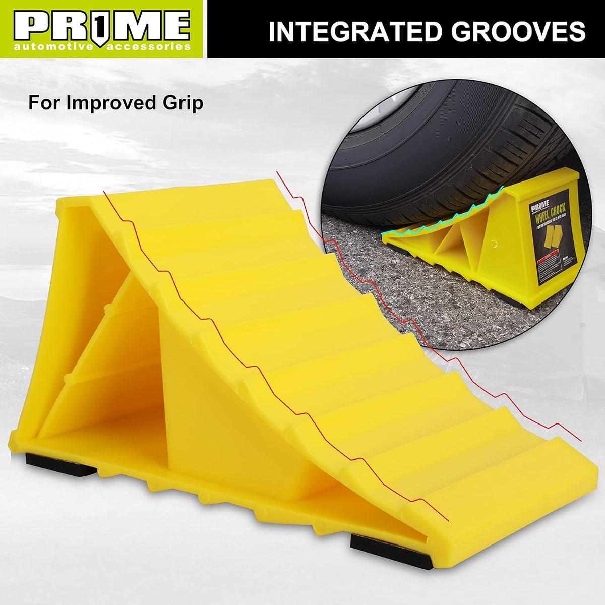 PR1ME Wheel Chocks with Non-Slip Base for RV & Trailer. 2 Pack Heavy Duty Wheel Chock with Bright Yellow. Lightweight Wheel Stoppers for Cars Camper Trucks RVs, Fit for Most Tyre Sizes