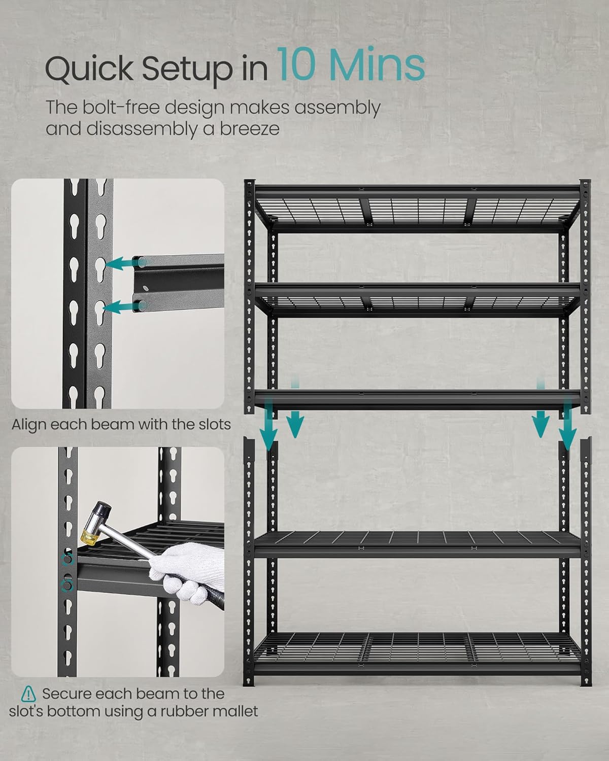 SONGMICS 5-Tier Storage Shelves, Heavy-Duty Garage Shelving, Adjustable Shelving Unit, Steel Shelf, Boltless Assembly, for Garage, Shed, 2,200 lb Load, 24 x 48 x 72 Inches, Ink Black UGLR454B01