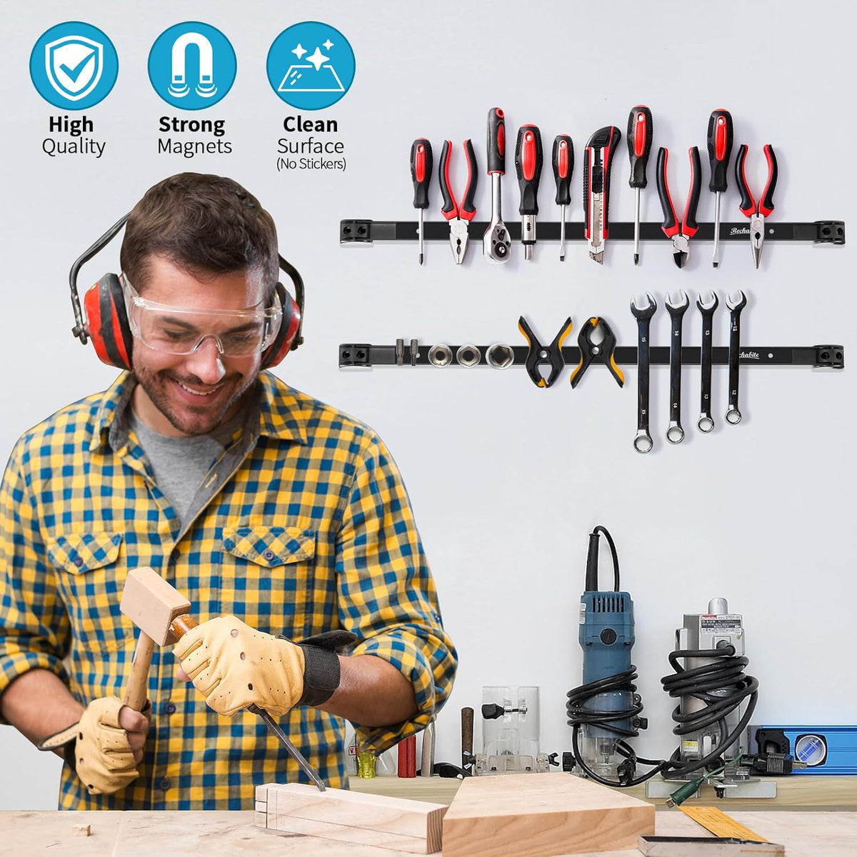 6 Pieces 24" Magnetic Tool Holder Strip, Black Magnet Bar, Metal Tool Organizer Rack for Garage Organization, Easy To Install in Workshop, Mounting Screws Included