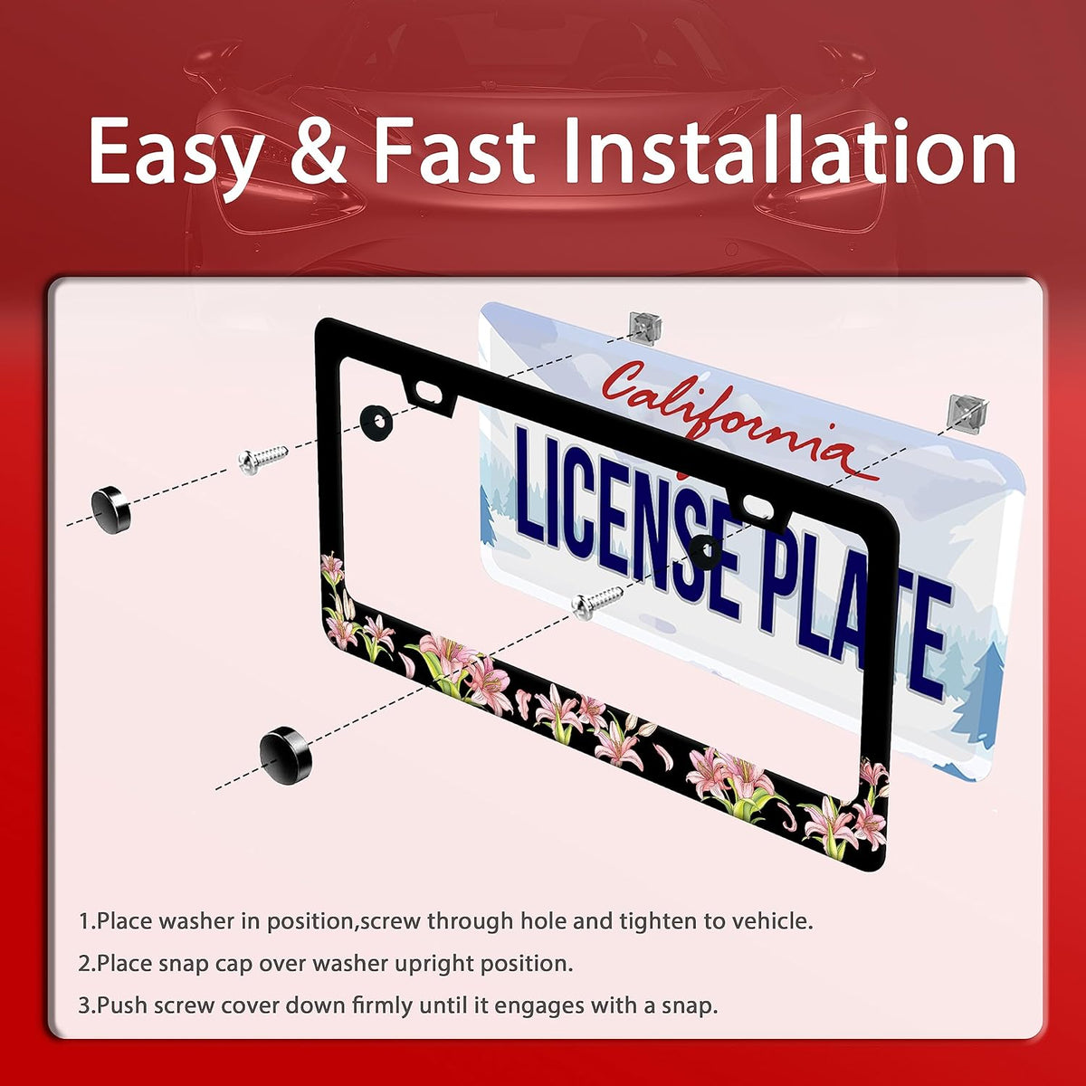 Pink Lily License Plate Frame Beautiful Floral Flower License Plate Stainless Steel Funny License Plate Decorative with Screws Size 12.3" x 6.3" Men Women