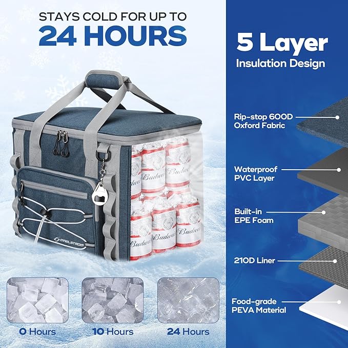 Maelstrom Soft Sided Cooler Bag, 30/40 Can Collapsible Insulated Ice Chest, Large Leakproof Portable Storage for Camping, Travel, Kayaking & Beach