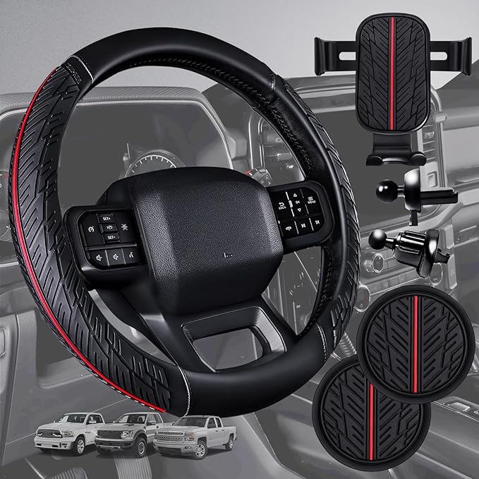 CAR PASS Leather Rubber Steering Wheel Cover Combo Set Universal Fit for Truck SUV Car Ram F150 Tundra 4Runner Tacoma Mobile Phone Holder Anti-slip Heavy Duty Tire Tread Large-size 15.5"-16" Black Red