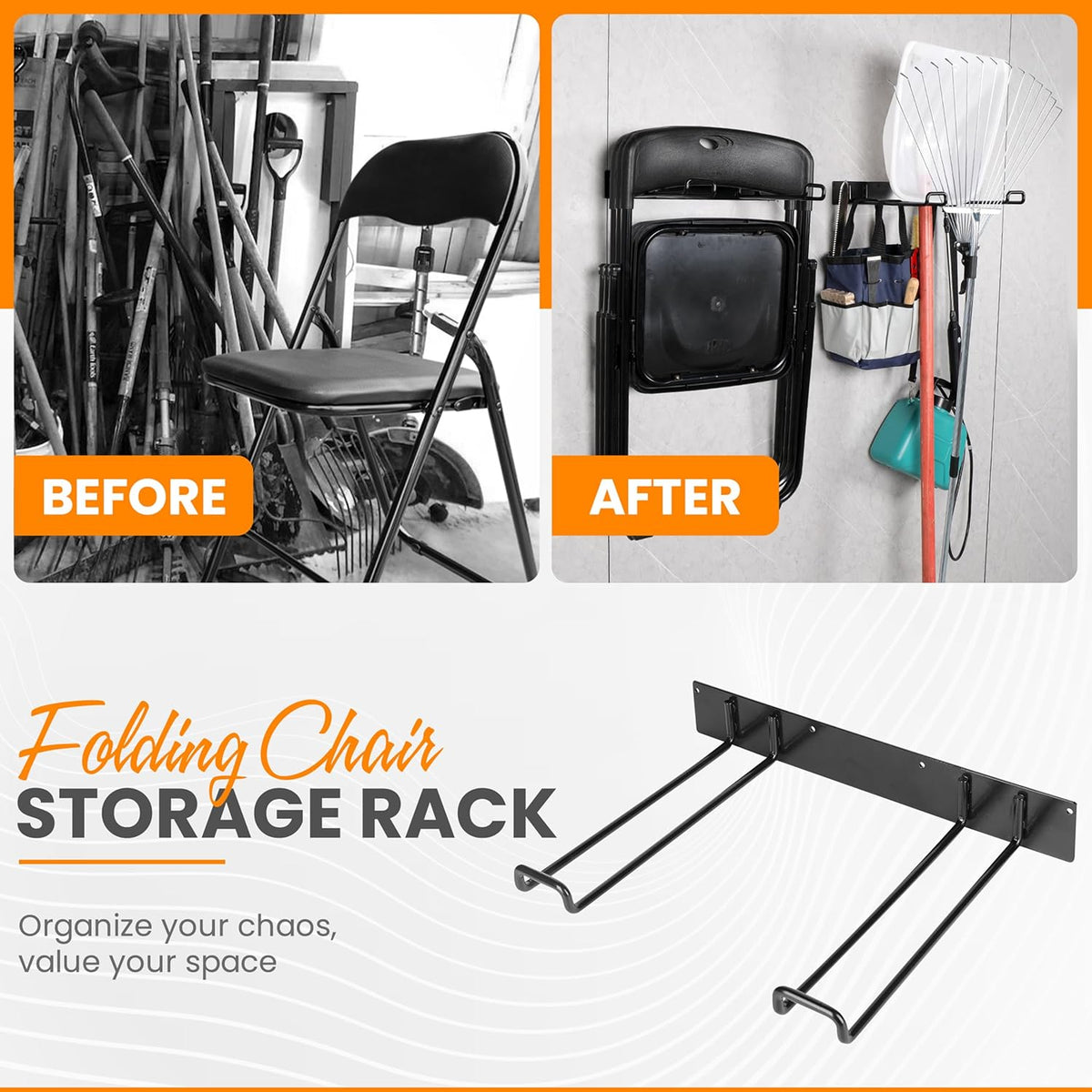 Heavy Duty Folding Chair & Tool Rack – Wall Mount Organizer for Garage, Garden, Beach & Camping – 2 Pack, 250 lbs Capacity Each