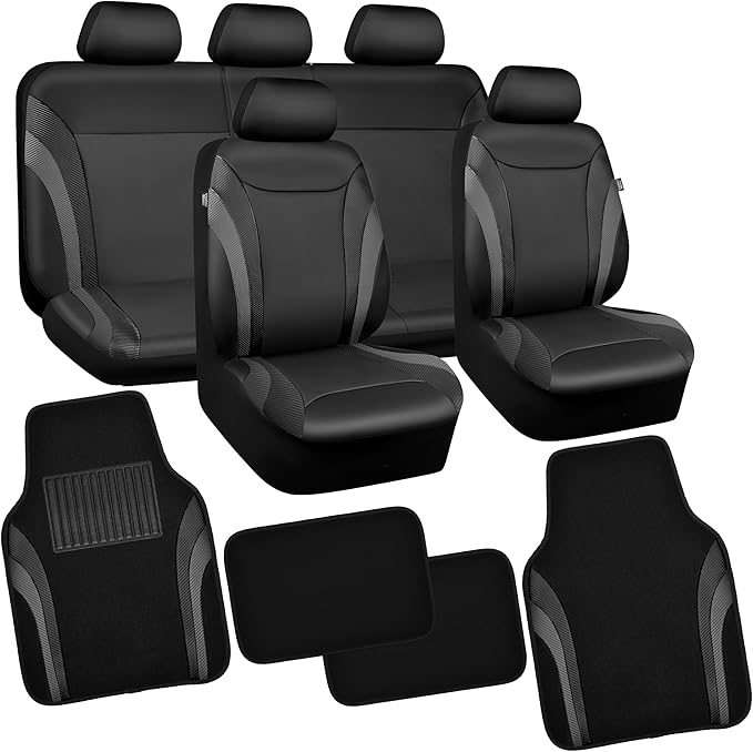 CAR PASS Premium Carbon Fiber Leather Car Seat Covers Full Set and Waterproof Car Floor Mats,Airbag Compatible,Automotive Interior Covers for Sedans,Trucks,Vans,SUV with Car Carpet Mats(Black)