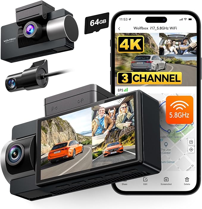 WOLFBOX i17 4K 3 Channel Dash Cam Built-in 5.8GHz WiFi with 64GB Card, 4K+1080P+1080P Dash Cam Front and Rear Inside, Triple Car Camera with 3 Inch Screen, IR Night Vision, WDR, 24H Parking Mode, GPS