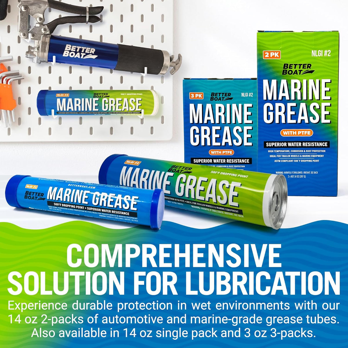 Better Boat Marine Grease Tube, 2 Pack 14 Oz, Waterproof High Temp Trailer Bearing Lubricant, NLGI 2, Compatible with Grease Guns