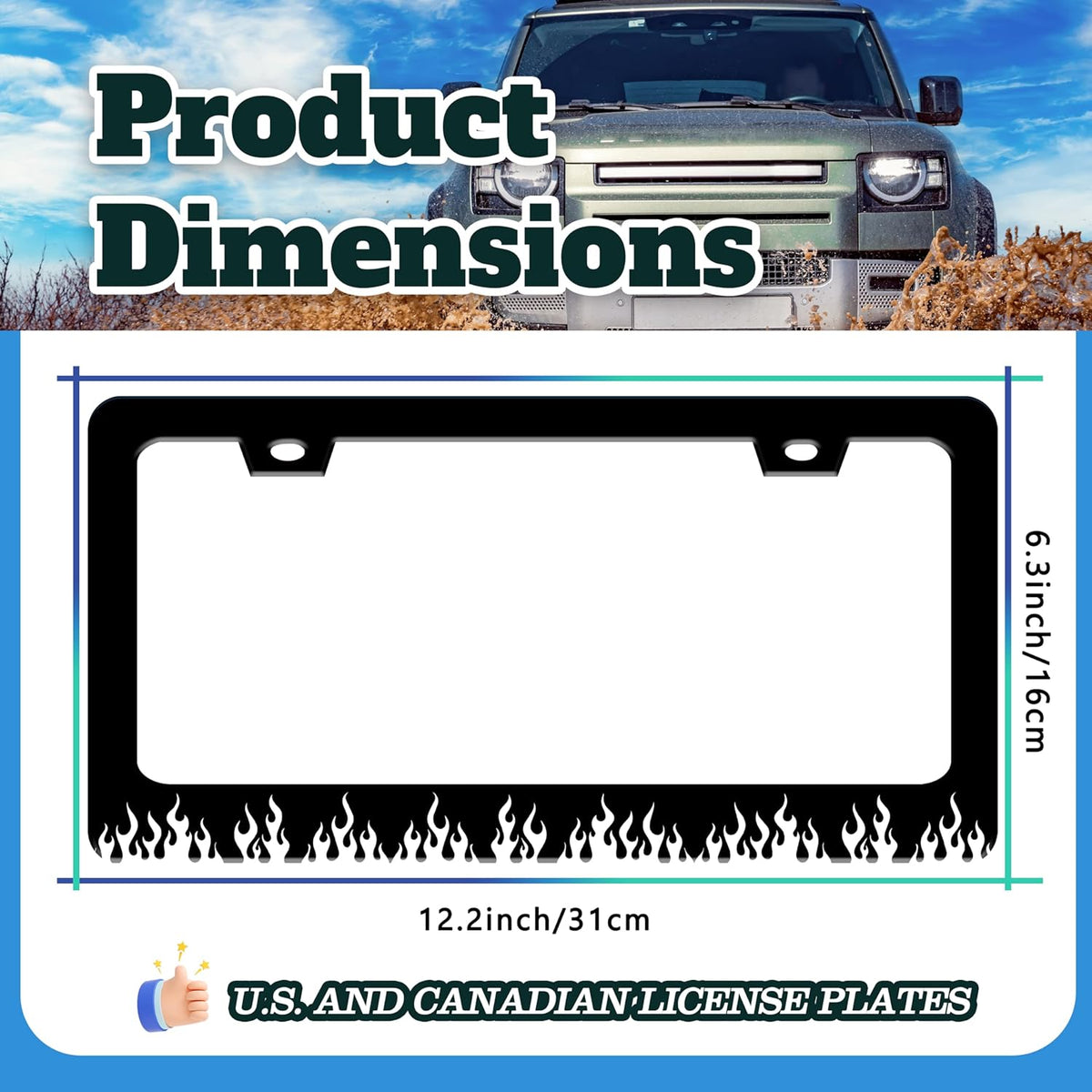 Black and White Flame License Plate Frame Fire License Plate Holder for Front or Rear Car Tags Stainless Steel Funny Car Decoration with Screws 6.3 X 12.2 in