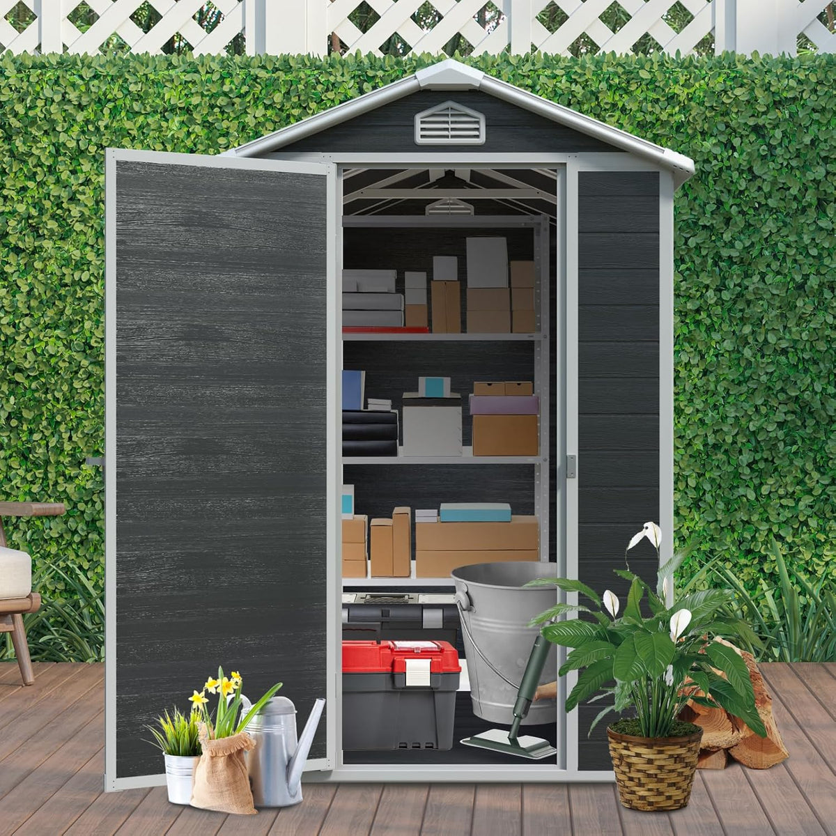 4x6 FT Outdoor Storage Resin Shed with Floor,Waterproof Plastic Garden Bike Shed with Lockable Door, Sloped Roof, Vents & Windows, Easy Assembly Tool Shed for Lawn, Backyard, Patio, Black