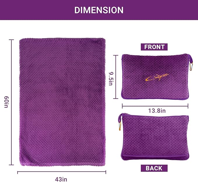 Travel Blanket Pillow-Premium Soft 2 in 1 Airplane Blanket for Long Trips Essentials with Bag Pillowcase, Hand Luggage Sleeve and Backpack Clip (Violet)