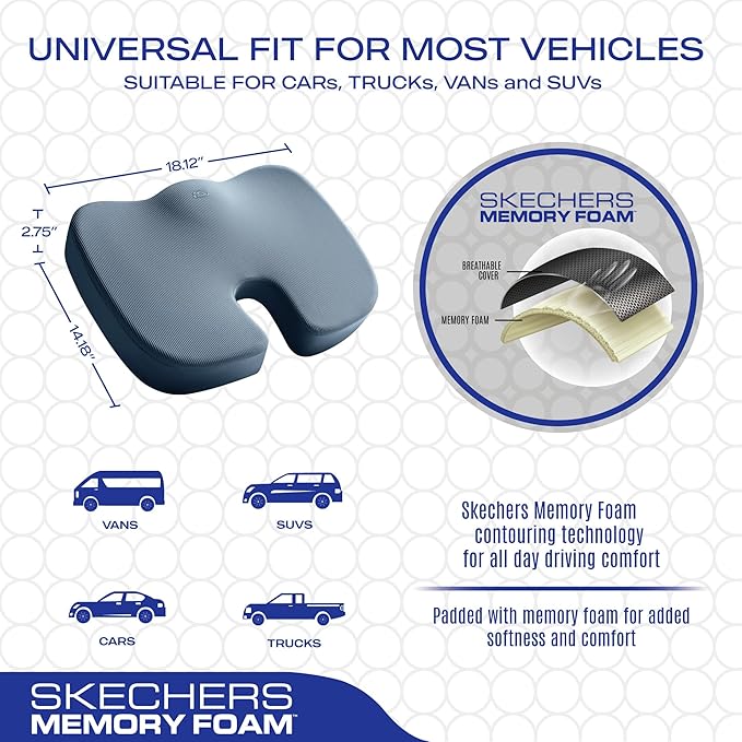 Skechers Memory Foam Seat Cushion,Office Chair Cushion for Tailbone Pain Relief,Butt Pillow for Office Chair,Car seat Cushion,Computer Desk,Long Sitting Office Workers,and Car Drivers,Blue