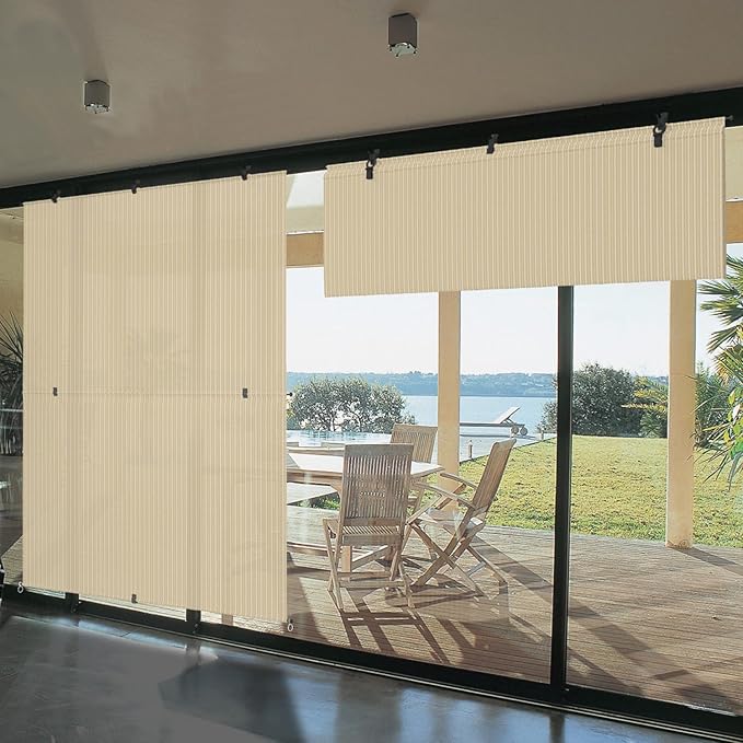 Bynbbur 7'W x 12.5'H Outdoor Patio Shades Foldable Roller Blinds, 220 GSM Sun Shade Roll Up Porch Screens Exterior Shade Cloth for Deck Pergola Backyard, Beige