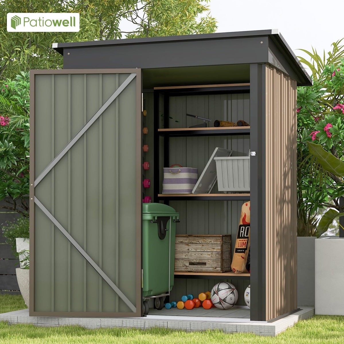 Patiowell 5x3 FT Outdoor Storage Shed, Tool Shed with Sloping Roof and Lockable Door, Metal Shed for Backyard Garden Patio Lawn, Brown