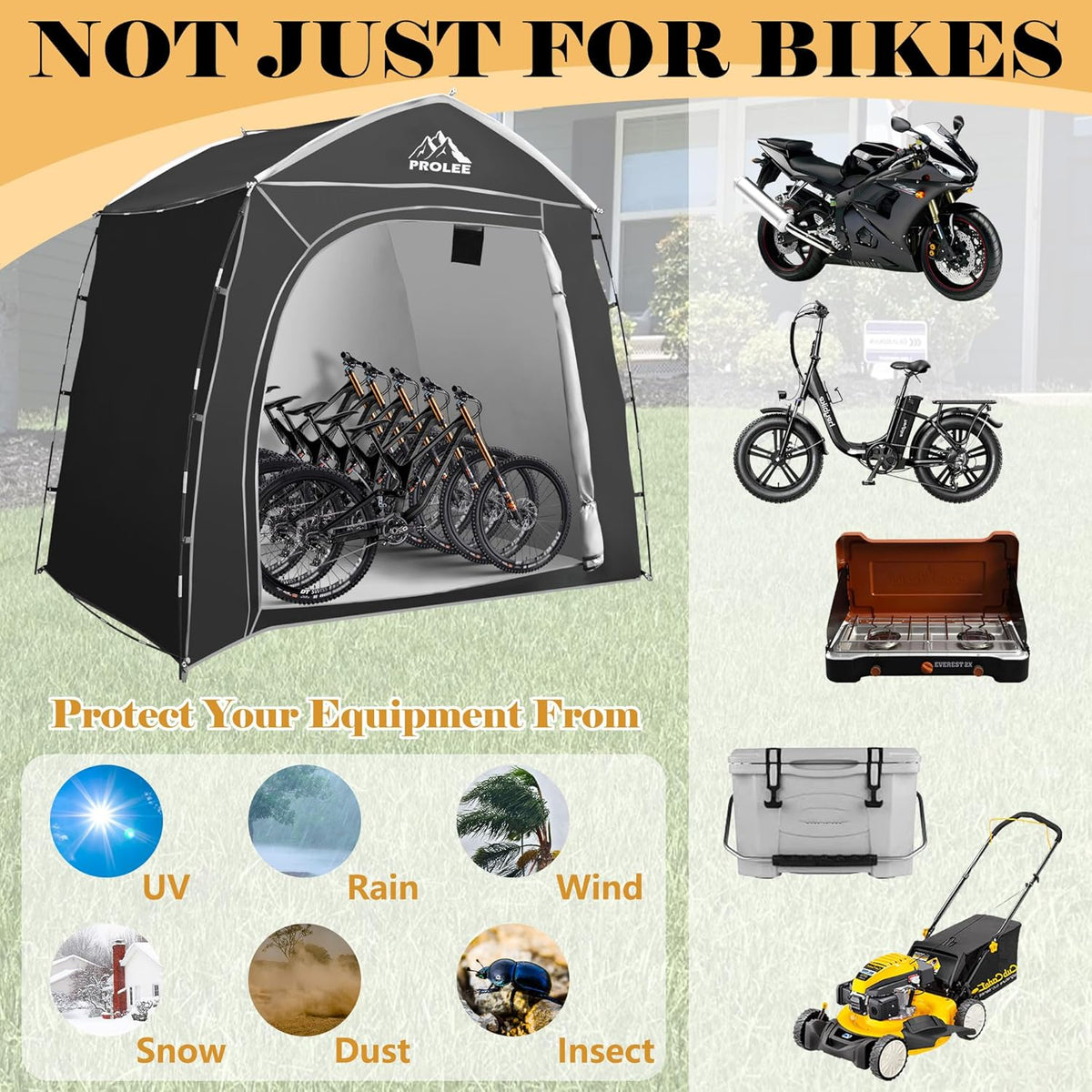 Prolee Bike Storage 7.3 x 5ft, Outside Storage Waterproof Oxford Fabric for 4 Bikes, Bike Shed, Garden Sheds & Outdoor Storage, Black