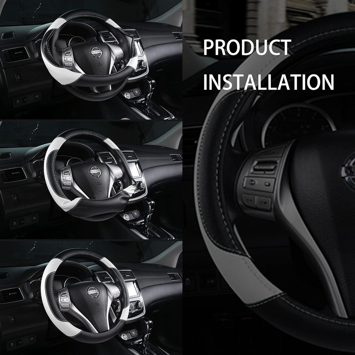 Leather Car Steering Wheel Cover, Non-Slip Car Wheel Cover Protector Breathable Microfiber Leather Universal Fit for Most Cars(White)