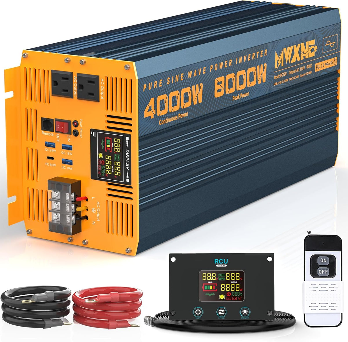 4000W Pure Sine Wave Power Inverter DC 12V to AC 110V 120V for Home RV with Dual AC Outlets 1 USB-C(60W) 3 USB-QC3.0 Fast Car Charger Adapter, LCD Display and Remote Control