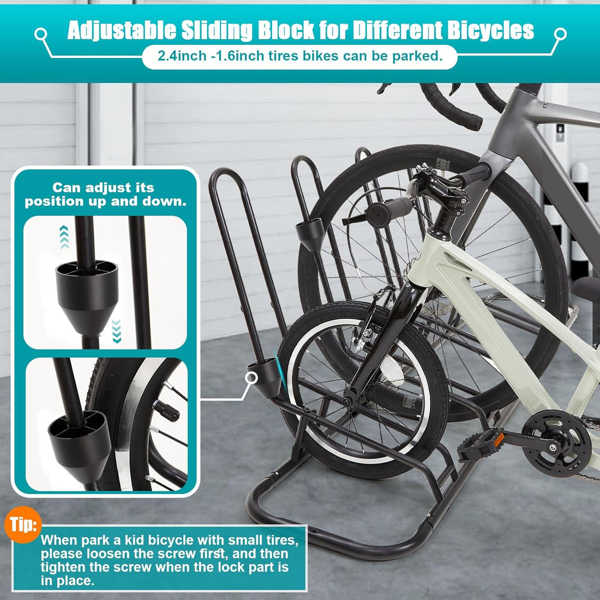 Floor Bike Rack for 4 Bikes, Bike Stand Anti-Collision Protects Disc Brake & Derailleur, Bicycle Holder Road/Kids/MTB Bicycles, Fits 12"-29" Tires, for Indoor Outdoor Garage