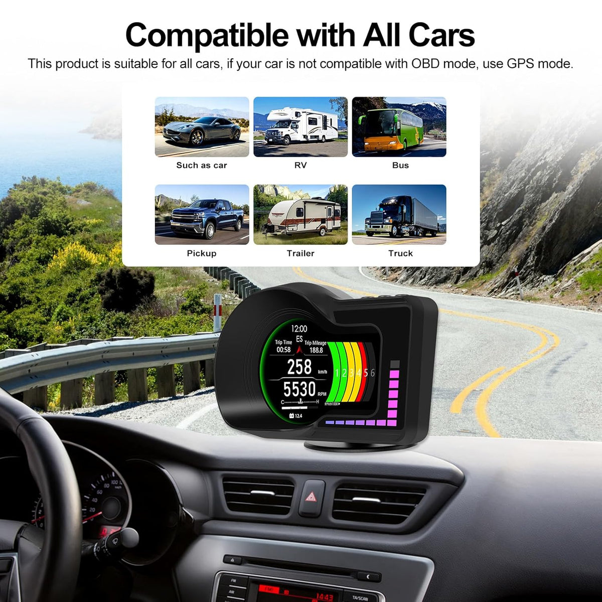 Head Up Display HUD F16 with OBD2 + GPS Dual System Digtial Speedometer, 3.5" IPS Smart Gauge, Speed, Voltage, Engine RPM, OverSpeed Warning, Water Temperature, Turbo Pressure for Cars After 2008