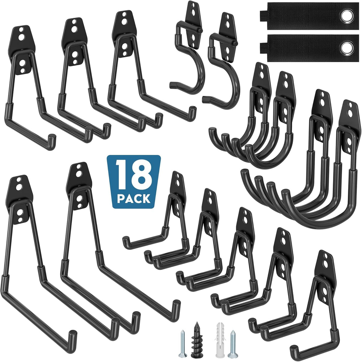 BONTEC Heavy Duty Garage Hooks, Anti-Slip Coated Black Steel with Strong Load Capacity, Multi-Sized U and J Hooks, Easy Wall Mount for Garage, Garden, Workshop (Black, 18 Pack)