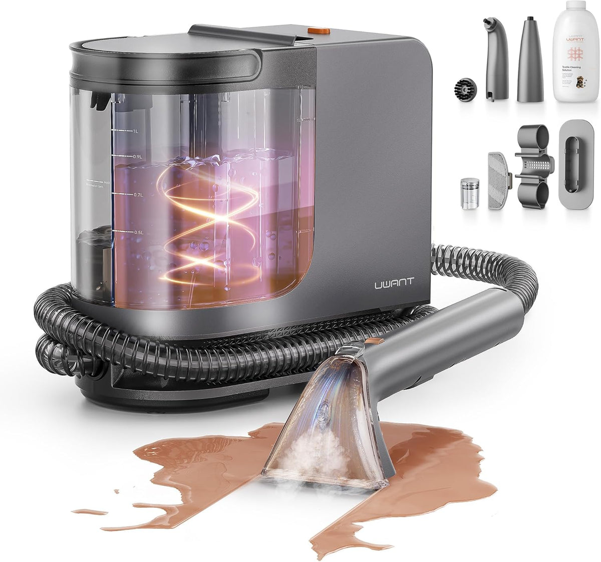 uwant Portable Carpet Cleaner with Steam& HeatingSystem, 18Kpa Powerful Suction Carpet Cleaner Machine with Exclusive Tools 2in1 Upholstery Steam Cleaner Machine (Grey)