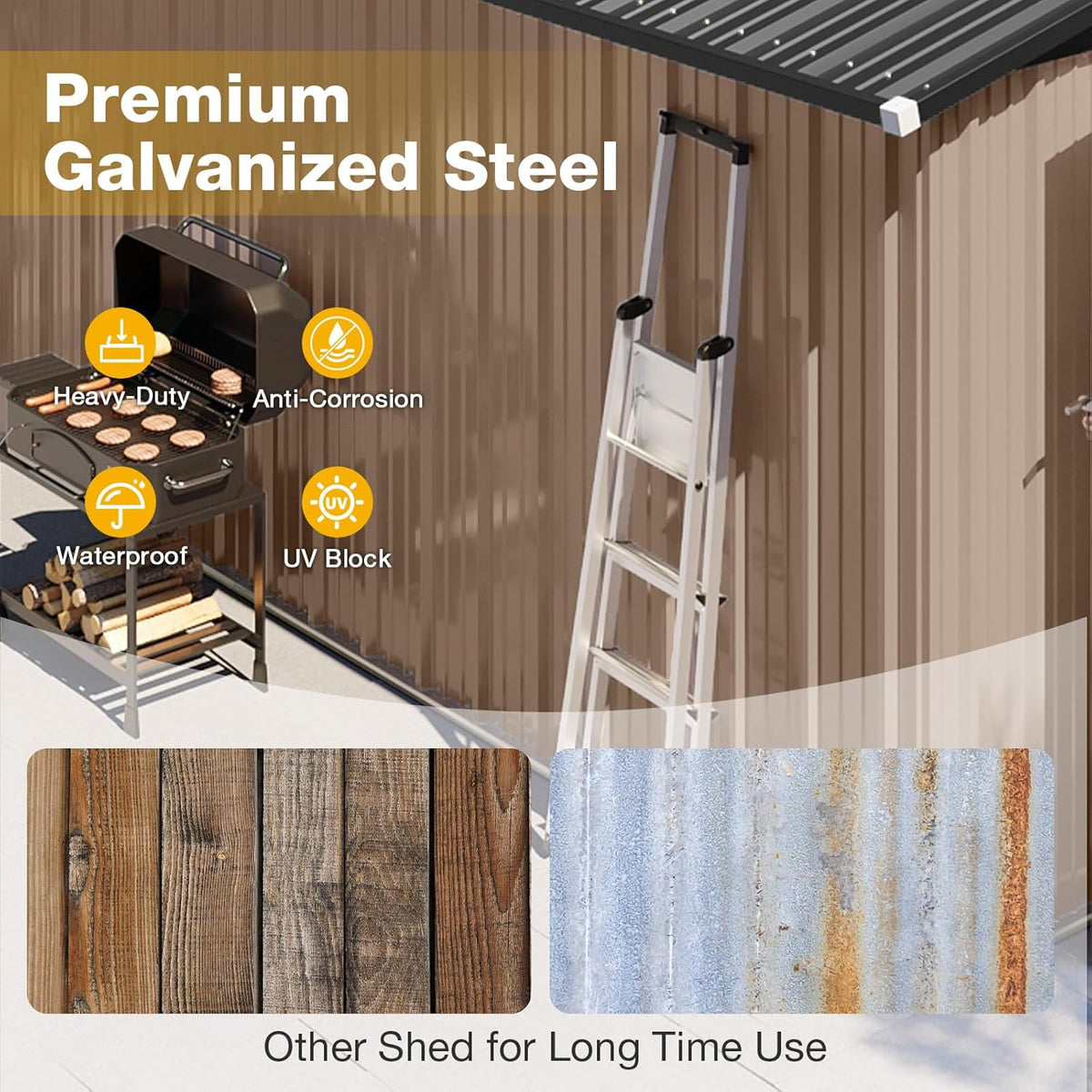 10x12 FT Outdoor Storage Shed Heavy-Duty Galvanized Steel Metal Garden Shed with Lockable Double Doors for Bike, Tool, Generator Storage in Backyard, Patio (10’x12’)