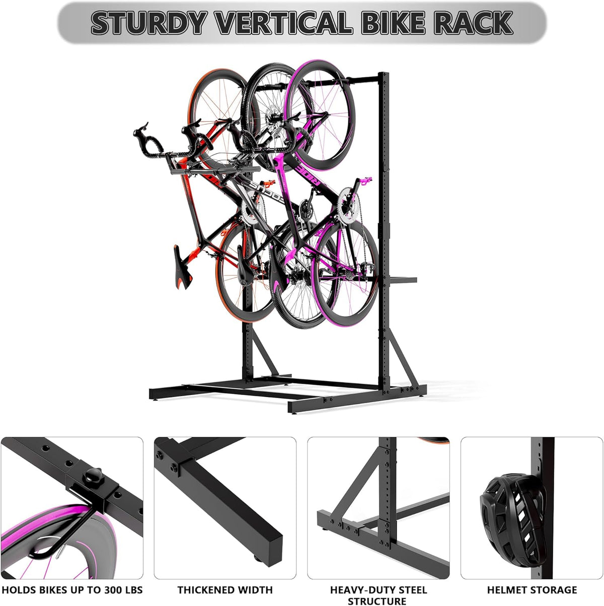 Freestanding Bike Rack for Garage Stroage, 300 Lbs 5 Bikes Storage Rack Steel Vertical Bicycle Rack W/Hooks & Helmet Hooks, Floor Stand Bike Racks for Home and Garage Organizer (4-Bike Rack)