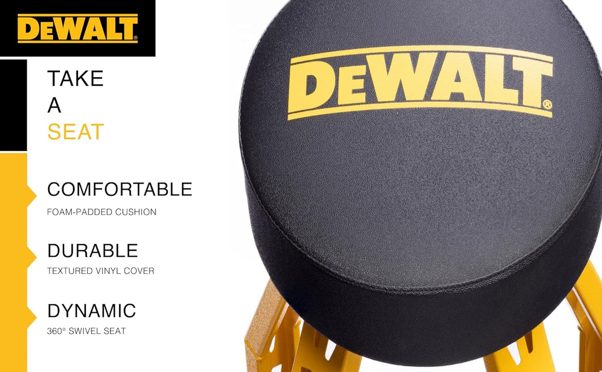 DEWALT Heavy-Duty Metal Stool for Garage and Shop, 360 Swivel Seat, Storage Tray, Padded Rip-Resistant Seat, Steel Frame, Industrial Powder Coating
